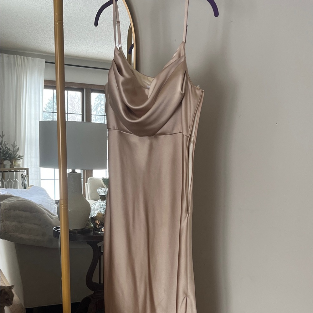 Revelry champagne gold Skye bridesmaid dress.
